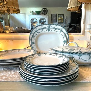 Antique W. Adams & Co. Ironstone Dinnerware Set, Aqua Teal Transferware, Medallion Pattern