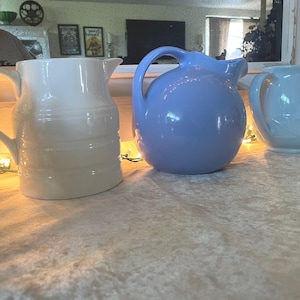Cottagecore, Vintage Ironstone, Pottery Pitchers, Cream, Cornflower Blue, Light Baby Blue, Hall, and  USA,
