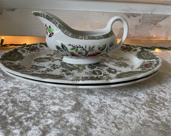Lovely Vintage Ridgway"Windsor" Platters, Vintage Ridgway Ironstone "Indian Tree" Gravy Boat, Staffordshire England, Maddock & Sons, Saucers