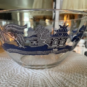 Large Clear Blue Willow, Glassware Salad Bowl, Made In England by Johnson Brothers, Earthenware
