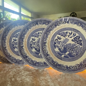 Myott, Meakin, Old Willow Dinner Plates, Blue and White Ironstone Transferware, Cottagecore, Home Decor, English Blue Willow