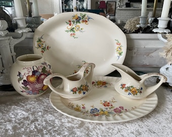 Creamy White Ironstone, Mismatched China, with Similar Floral Colors and Patterns, Cottagecore, Farmhouse