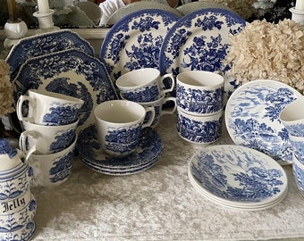 Mismatched, Blue and White Ironstone Transferware Pieces in Various Patterns/Cottagecore/Farmhouse Chic/English/Luncheon/Collectors