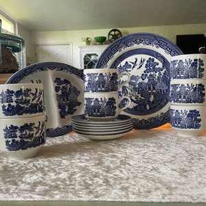 English Blue Willow, Churchill Blue Willow, Plates, Hors d&#39;oeuvre, Teacups and Saucers, Large Platter,  Cottagecore, English Ironstone