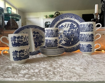 English Blue Willow, Churchill Blue Willow, Plates, Hors d&#39;oeuvre, Teacups and Saucers, Large Platter,  Cottagecore, English Ironstone