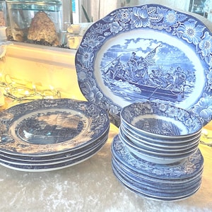 Vintage Bold, Beautiful, Liberty Blue, Dark  Blue and White Transferware Set, Staffordshire Ironstone, 1975c, 4th of July, Election Days,