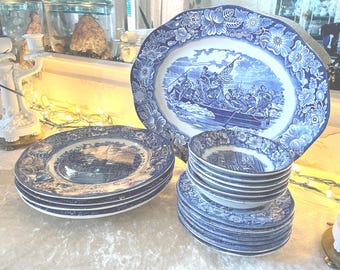 Vintage Bold, Beautiful, Liberty Blue, Dark  Blue and White Transferware Set, Staffordshire Ironstone, 1975c, 4th of July, Election Days,