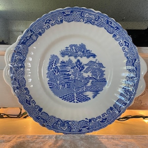 A Rare Antique Light Blue Willow Lugg Handle Scalloped Dish, Cottagecore, Collectibles, Transferware, Table Top Decor, Home Decor, Serving