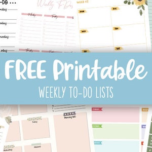 Può includere: Una raccolta di liste di cose da fare settimanali stampabili in vari design. L'immagine presenta un banner azzurro con il testo "FREE Printable WEEKLY TO-DO LISTS" in bianco. Le liste hanno accenti floreali e pastello.