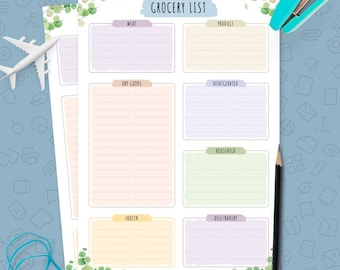 May include: A grocery list notepad with sections for meat, produce, dry goods, refrigerated items, household items, frozen foods, and deli/bakery. The notepad has a floral design and is accompanied by a stapler, pencil, and toy airplane.