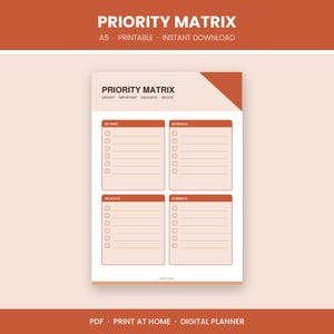 Op de afbeelding: Een printbare A5 prioriteitenmatrix plannerpagina in een terracotta en crèmekleurig schema. De lay-out bevat vier secties met de labels Do First, Schedule, Delegate en Eliminate, elk voorzien van zes selectievakjes en horizontale lijnen.