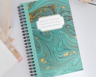 Spiral notebook | Aqua & Gold | Marble| Journal | Womens Journal | Healing|