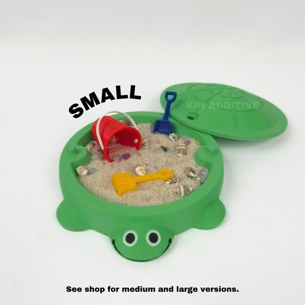 Mini Turtle Sandbox met echt zand en minitools - KLEIN FORMAAT 4,5", 3D-geprinte zandbak, Zen Garden, zintuiglijk speelgoed, jaren 90 nostalgie, groene zandbak