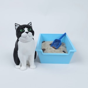 Mini Kitty Litter Box Zen Garden w/ Real Sand & 3D Printed Cat, Litter Scoop - 3D Printed Sensory Desk Toy, Mini Cat, Sensory Sandbox