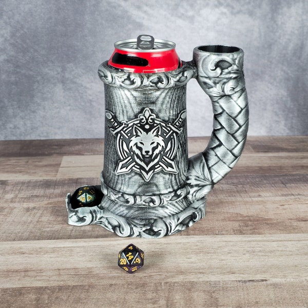 Druid Wolf Crest Dice Tower Mug with Built-in Can Holder - Tabletop RPG Board Game Accessory - Gift for tabletop gamer - Gift for RPG gamer