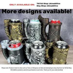 May include: A collection of eight different designs of can holders, each with a unique design. The can holders are made of a ceramic material and feature various designs, including a lion, a skull, and a dragon. The can holders are all in different colors, including gold, silver, and black.