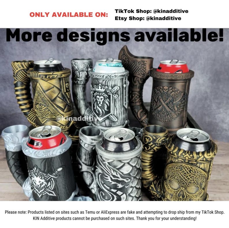 May include: A collection of eight different designs of can holders, each with a unique design. The can holders are made of a ceramic material and feature various designs, including a lion, a skull, and a dragon. The can holders are all in different colors, including gold, silver, and black.