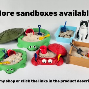 May include: Five different sandboxes for kids, including a green turtle sandbox with a lid, a red crab sandbox with a lid, a blue rectangular sandbox, a green turtle sandbox with a lid, and a wooden sandbox with a shovel and a bucket. The text "More sandboxes available" is at the top of the image. The text "Visit my shop or click the links in the product description" is at the bottom of the image.