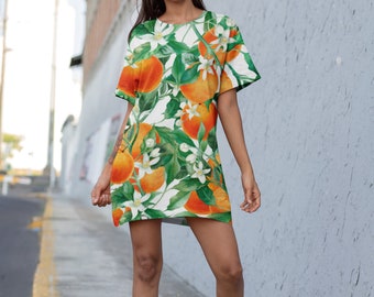 WATERCOLOR Orange T-shirt Dress, Women Dress, Fruit Fashion, Lounge Dress, Summer dress, Orange Fashion, Floral dress, Beach dress