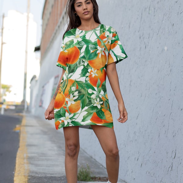 WATERCOLOR Orange T-shirt Dress, Women Dress, Fruit Fashion, Lounge Dress, Summer dress, Orange Fashion, Floral dress, Beach dress