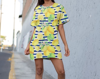 WATERCOLOR Lemon T-shirt Dress, Women Dress, Fruit Fashion, Lounge Dress, Summer Dress, Fruit design dress, Beach dress, South of France