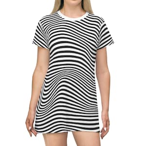3D Abstract, T-Shirt Dress , Women apparel, Black and white, Retro looking, beach dress, summer dress, trippy clothing, striped dress
