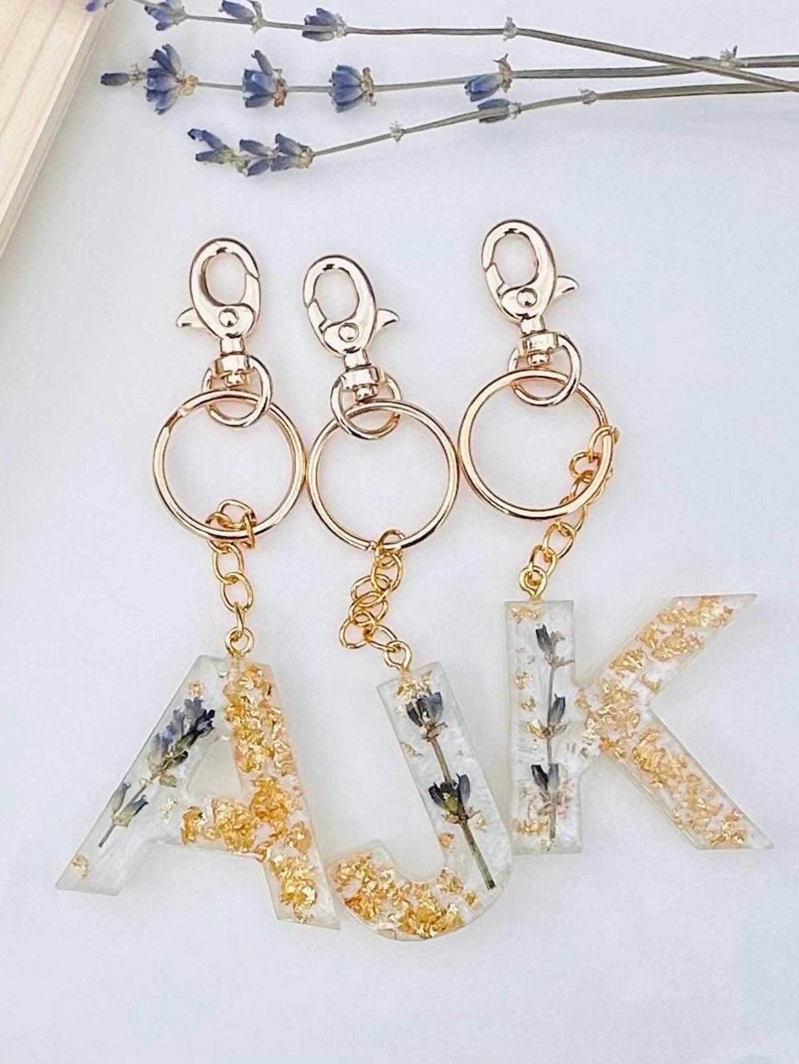 Lavender Keychain, Bridesmaid Gift, Custom Floral Initial Keychain, New ...