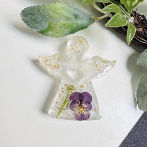 February Birth Flower Handmade Guardian Angel, Violet dried flower Resin figurine, spiritual Keepsake, Thoughtful sympathy gift memorial,