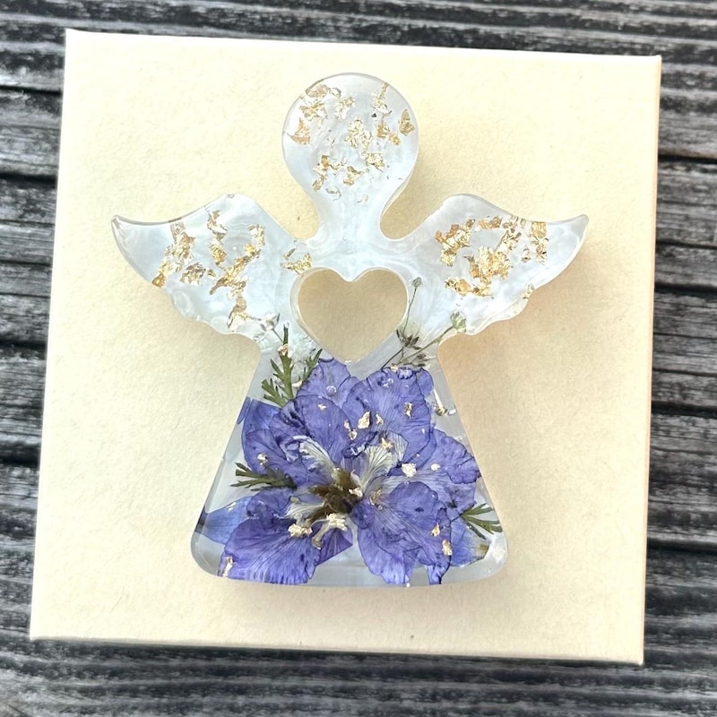 July Birth Flower Handmade resin Guardian Angel with larkspur dried flower, Angel Figurine spiritual Keepsake,  sympathy gift memorial