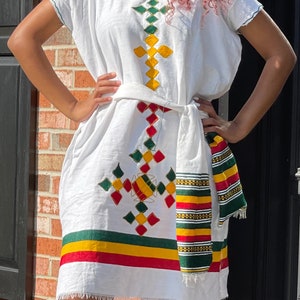 African Clothing Ethiopian hand made coffee dress with scarf and yarn belt,Free size.