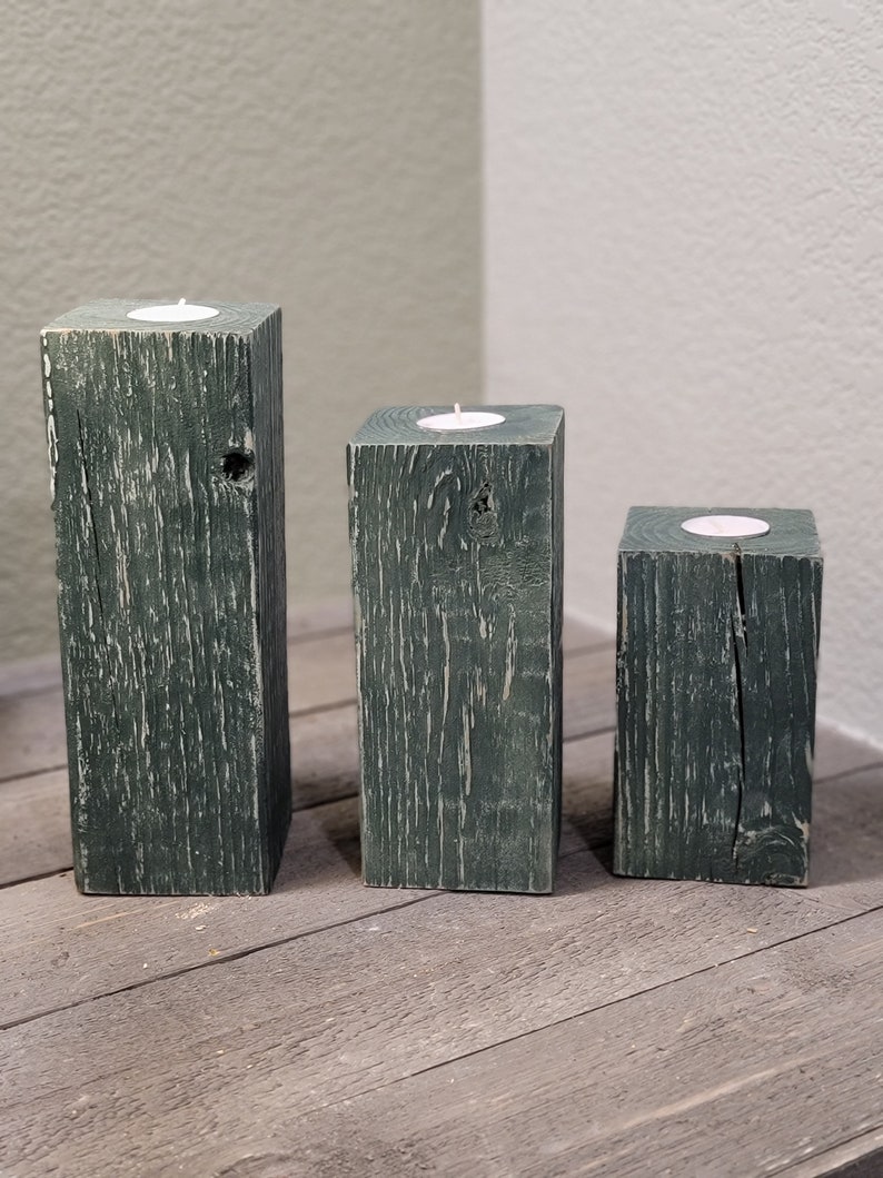 Reclaimed Wood Candle Holder Blocks Tea Light Centerpiece Mantle Decor