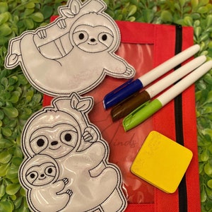 Reusable Flat Sloth 2 Coloring Pal Activity Kit - Coloring Dolls - Vinyl Dry Erase Coloring - Embroidery Dry Erase Dolls