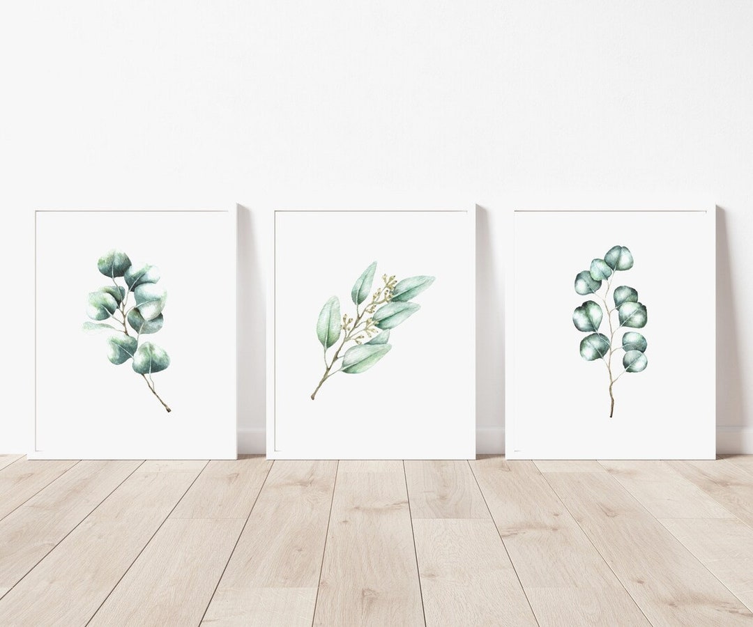 Eucalyptus Leaves Wall Art Set of 3 Green Leaves Wall Decor, Plants Art