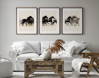 Set of 3 Vintage Prints, Animal Wall Art, Running Horses Poster, Digital Wall Art, Abstract Horses Print Unframed