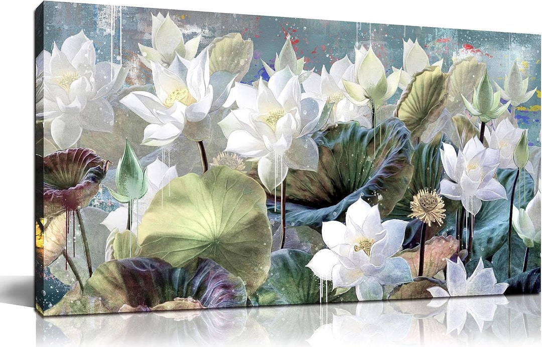 Floral White Lotus Flower Painting Wall Art Canvas Textured Picture - Etsy