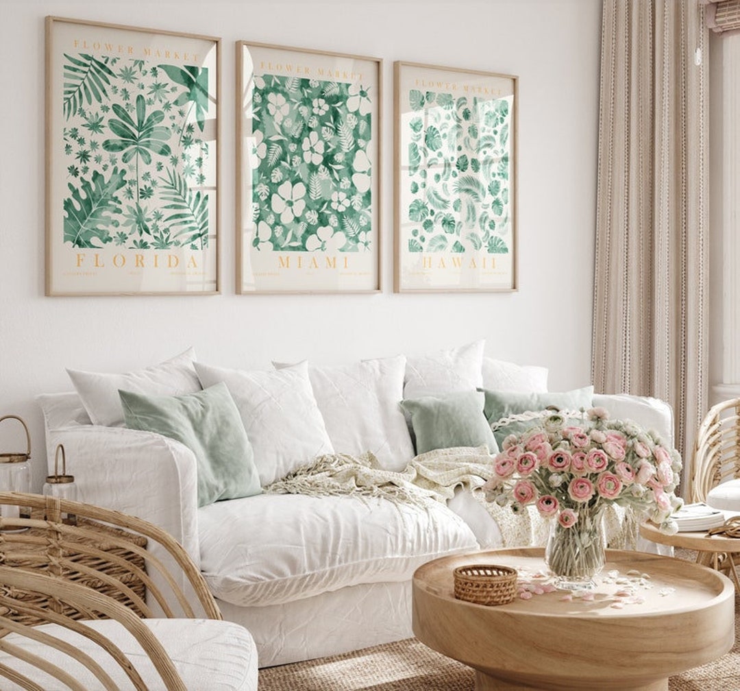 Tropical Flower Wall Art Set of 3 Green Floral Wall Decor Etsy