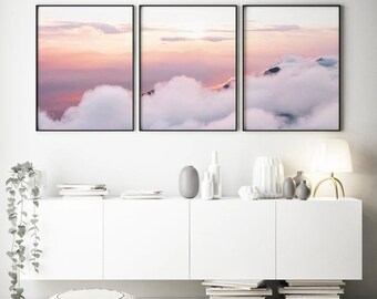 Set of 3 Clouds Prints, Mountains Wall Art, Sunset Sky Poster, Pink Sky Wall Art, Nature Print Unframed