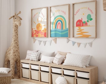 Impresiones de arco iris para niños, juego de 3 carteles, arte de pared para niños de guardería, decoración de habitación de bebé colorida, impresión de sol de bebé sin marco