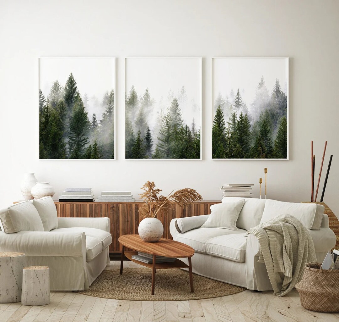 Set of 3 Misty Forest Prints, Nature Wall Art, Pine Trees Poster, Green Forest Wall Art, Forest