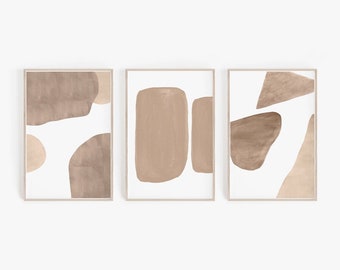 Set of 3 Prints, Beige Abstract Shapes Wall Decor, Watercolor Wall Art, Digital Prints, Watercolor Shapes Prints Unframed