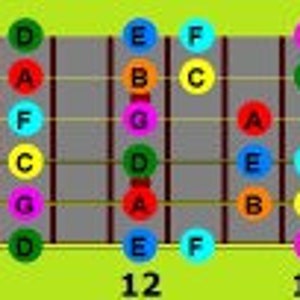 Könnte beinhalten: Ein Gitarren-Griffbrettdiagramm mit farbigen Punkten, die Noten anzeigen. Das Diagramm zeigt die Bundnummern 1 bis 24, mit den Noten A, B, C, D, E, F und G. Der Hintergrund ist hellgrün.