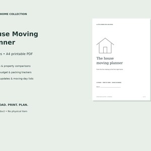 Könnte beinhalten: Ein digitaler Umzugsplaner mit 22 Seiten im A4-Format. Der Text enthält Moving Home Collection, House Moving Planner, Viewings & property comparisons, Moving budget & packing trackers, Address updates & moving-day lists.