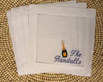 Champagne Bottle Personalized Embroidered Linen Cocktail Napkins