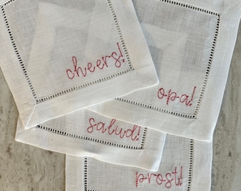 Cheers! Embroidered Linen Cocktail Napkins
