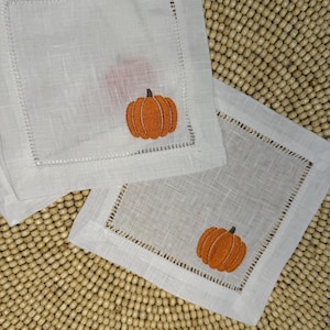 Pumpkin Embroidered Linen Cocktail Napkins
