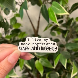 Op de afbeelding: Een witte sticker met zwarte tekst met de tekst "I like my book boyfriends DARK AND BROODY." De sticker wordt voor een achtergrond van groene bladeren gehouden.