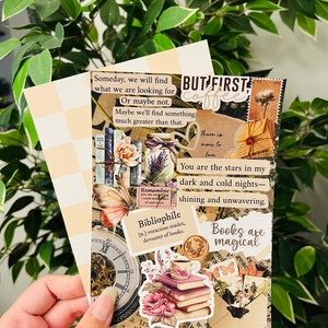 May include: A collage of images with a vintage aesthetic. The collage features a quote about finding something greater than what you are looking for, a quote about the stars in the night, a definition of the word "bibliophile", and a stack of books with the text "Books are magical".