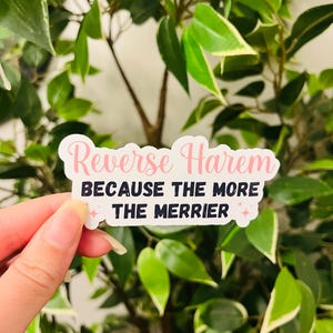 May include: A white sticker with pink and black text that reads "Reverse Harem Because The More The Merrier".