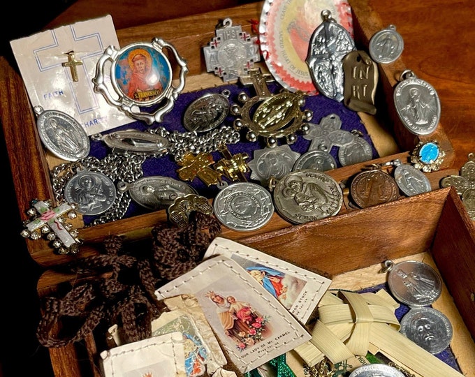 Vintage Religious Medals, Tokens, and Jewelry in Handmade Wood & Brass