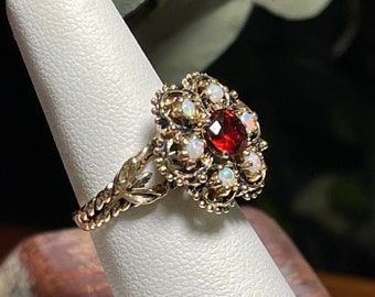 Antique 10k Unique Solid Gold Victorian Opal and Garnet Ring - Size 7